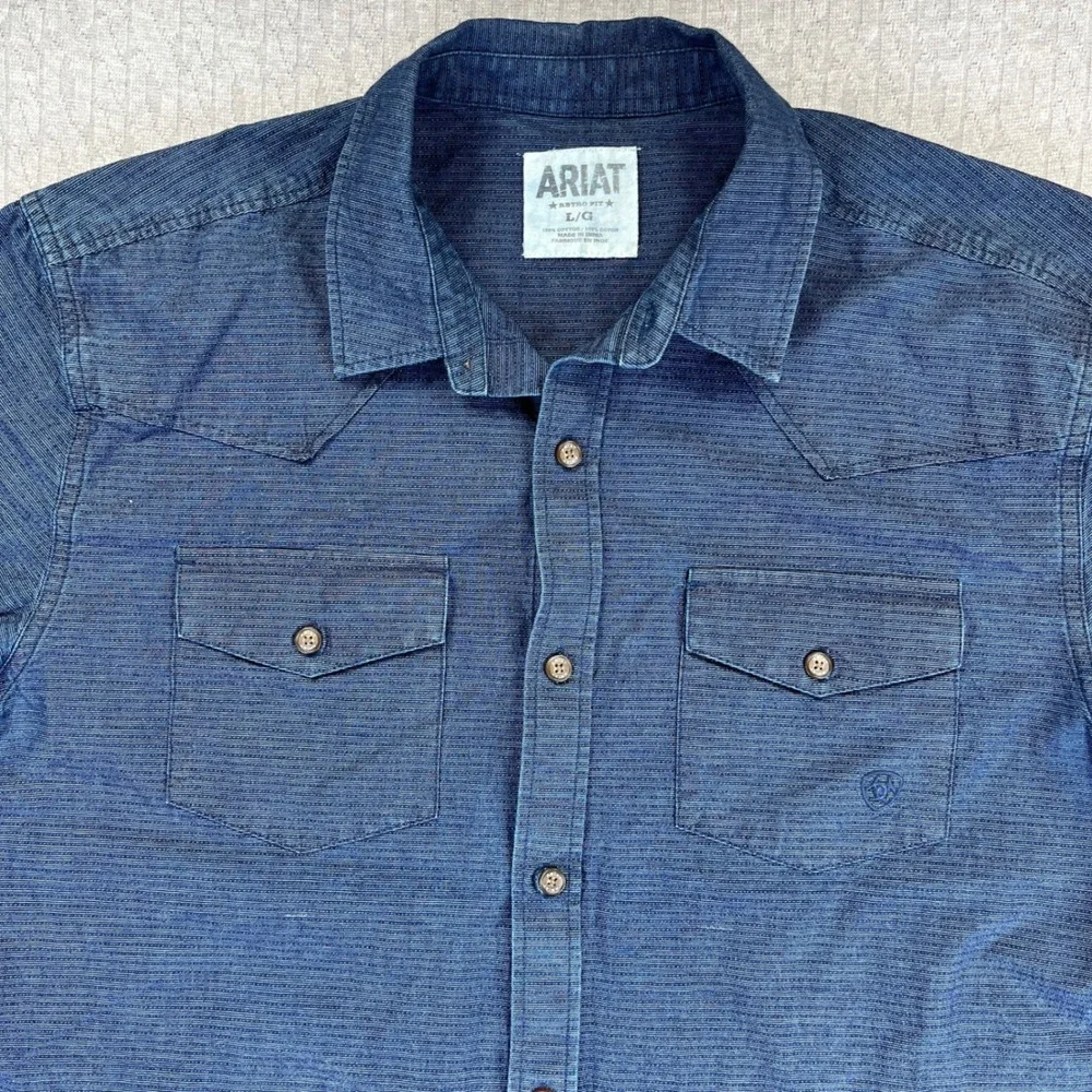 Ariat Retro Fit Western Shirt Short Sleeve Button Up Blue Men Large cowboy rodeo